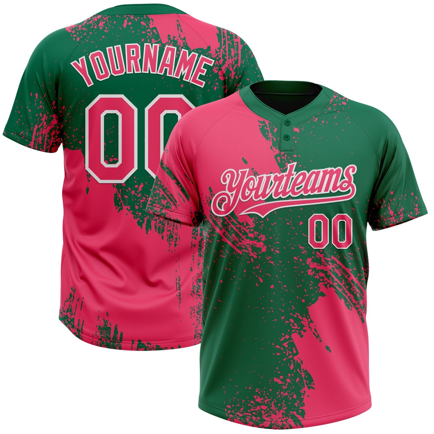Custom Neon Pink Kelly Green-White 3D Pattern Abstract Brush Stroke Two-Button Unisex Softball Jersey - Main View