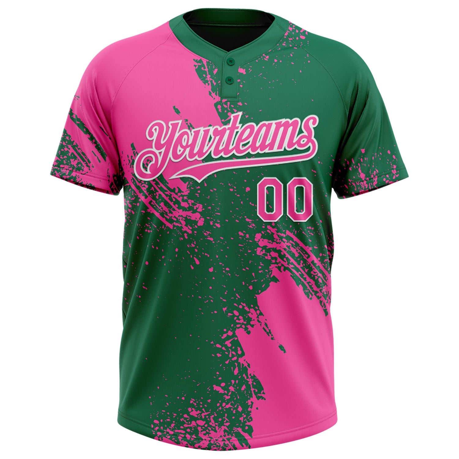 Custom Pink Kelly Green-White 3D Pattern Abstract Brush Stroke Two-Button Unisex Softball Jersey view 2