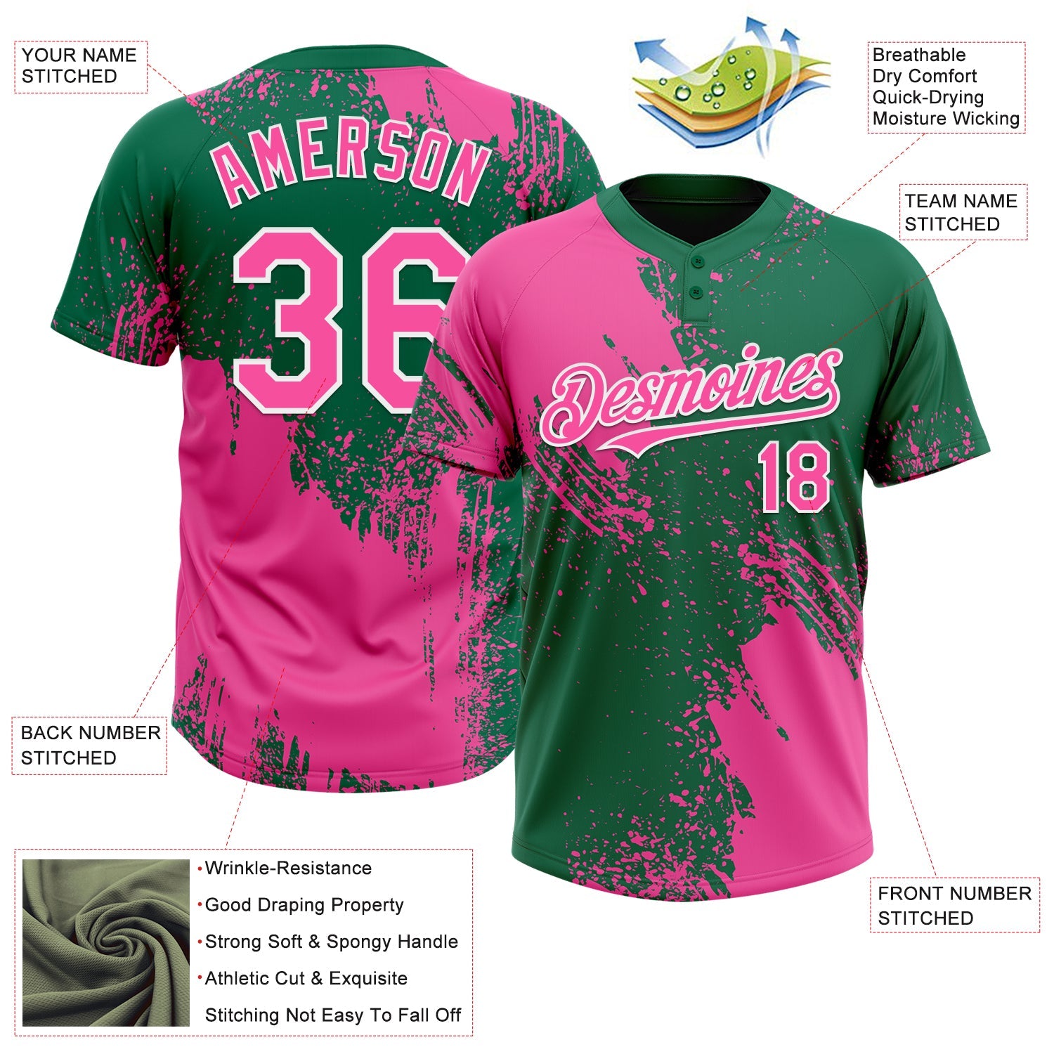 Custom Pink Kelly Green-White 3D Pattern Abstract Brush Stroke Two-Button Unisex Softball Jersey view 3