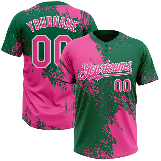 Custom Pink Kelly Green-White 3D Pattern Abstract Brush Stroke Two-Button Unisex Softball Jersey - Main View