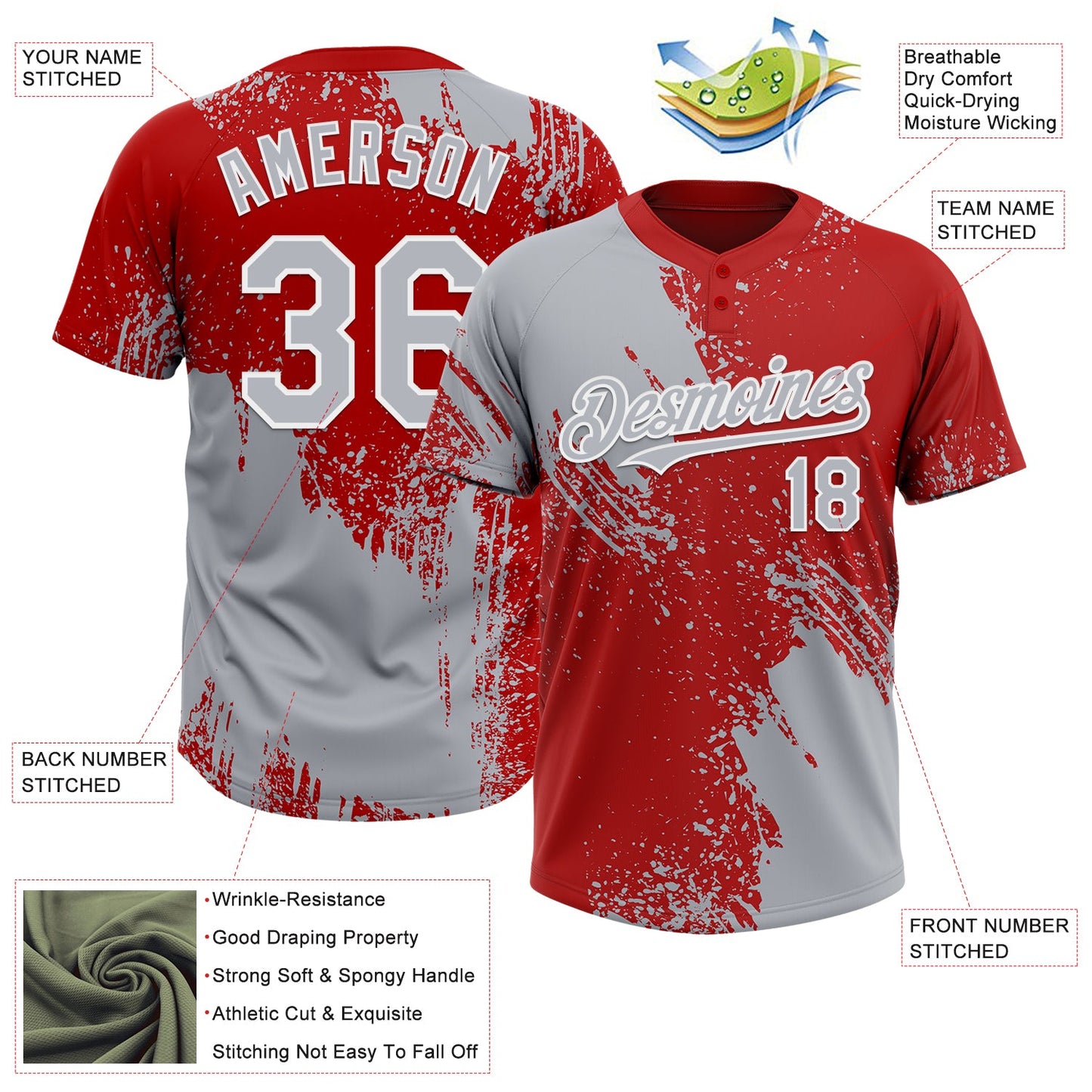 Custom Gray Red-White 3D Pattern Abstract Brush Stroke Two-Button Unisex Softball Jersey view 3