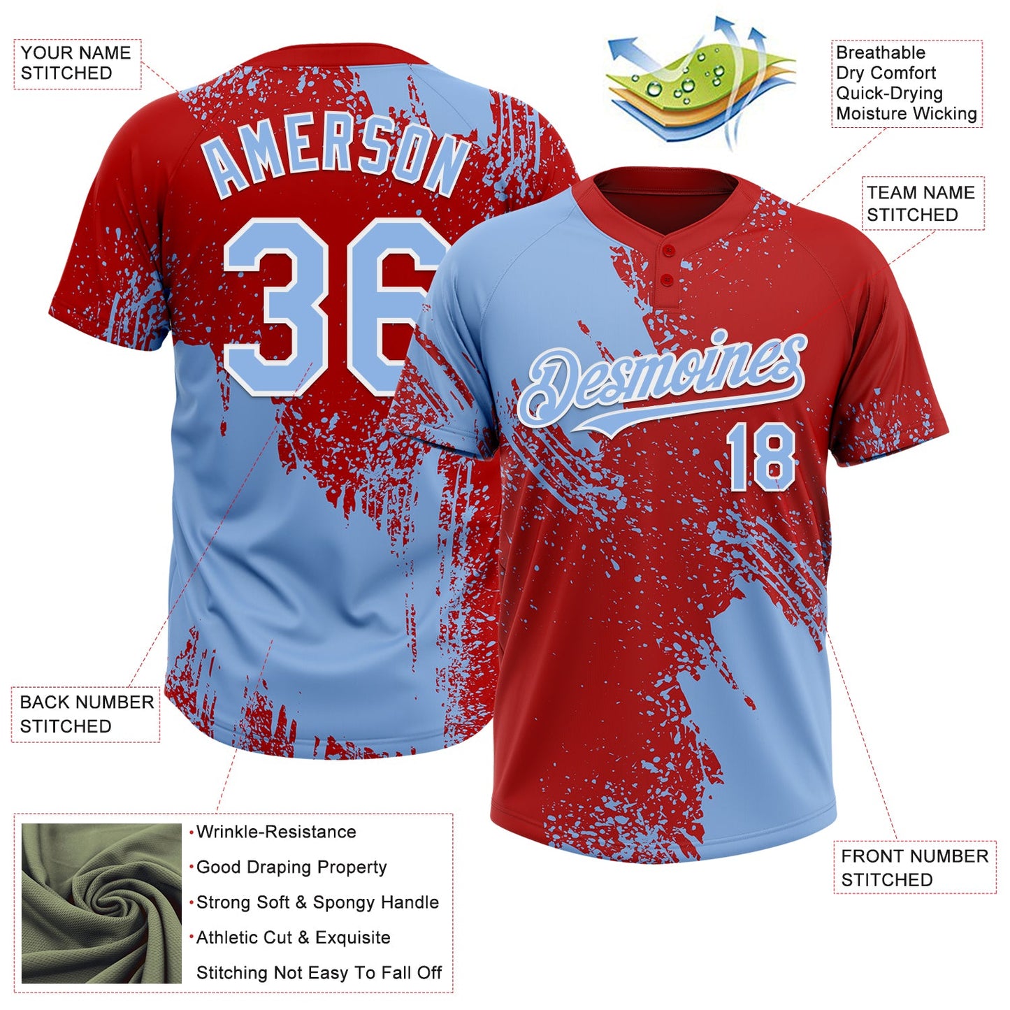 Custom Light Blue Red-White 3D Pattern Abstract Brush Stroke Two-Button Unisex Softball Jersey view 3