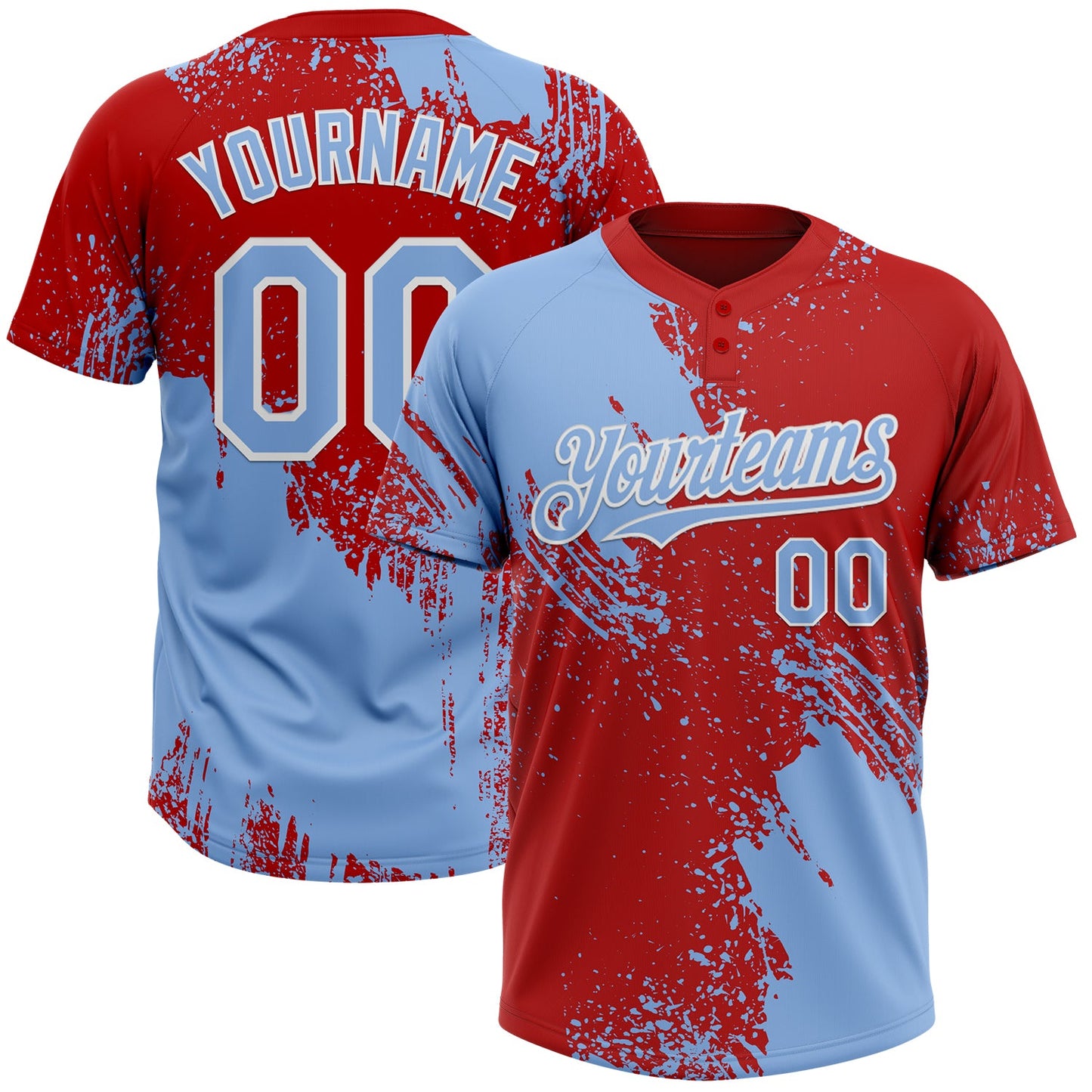 Custom Light Blue Red-White 3D Pattern Abstract Brush Stroke Two-Button Unisex Softball Jersey - Main View