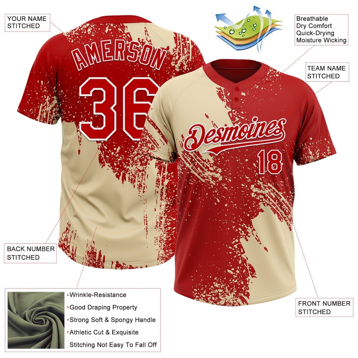 Custom Cream Red-White 3D Pattern Abstract Brush Stroke Two-Button Unisex Softball Jersey view 3