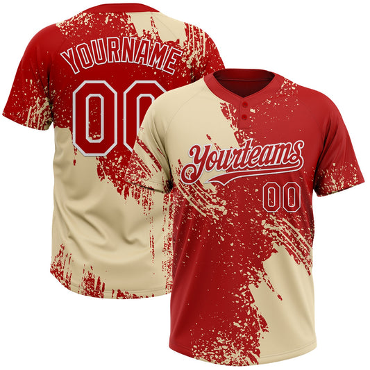 Custom Cream Red-White 3D Pattern Abstract Brush Stroke Two-Button Unisex Softball Jersey - Main View