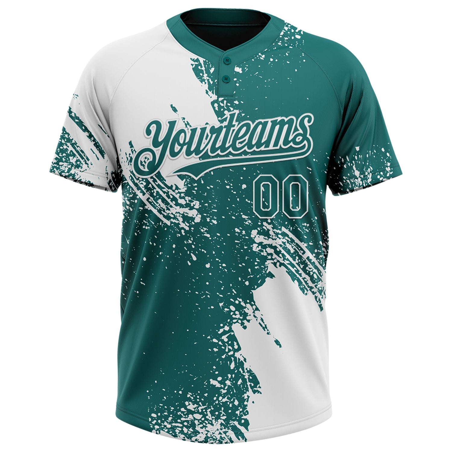 Custom White Teal 3D Pattern Abstract Brush Stroke Two-Button Unisex Softball Jersey view 2