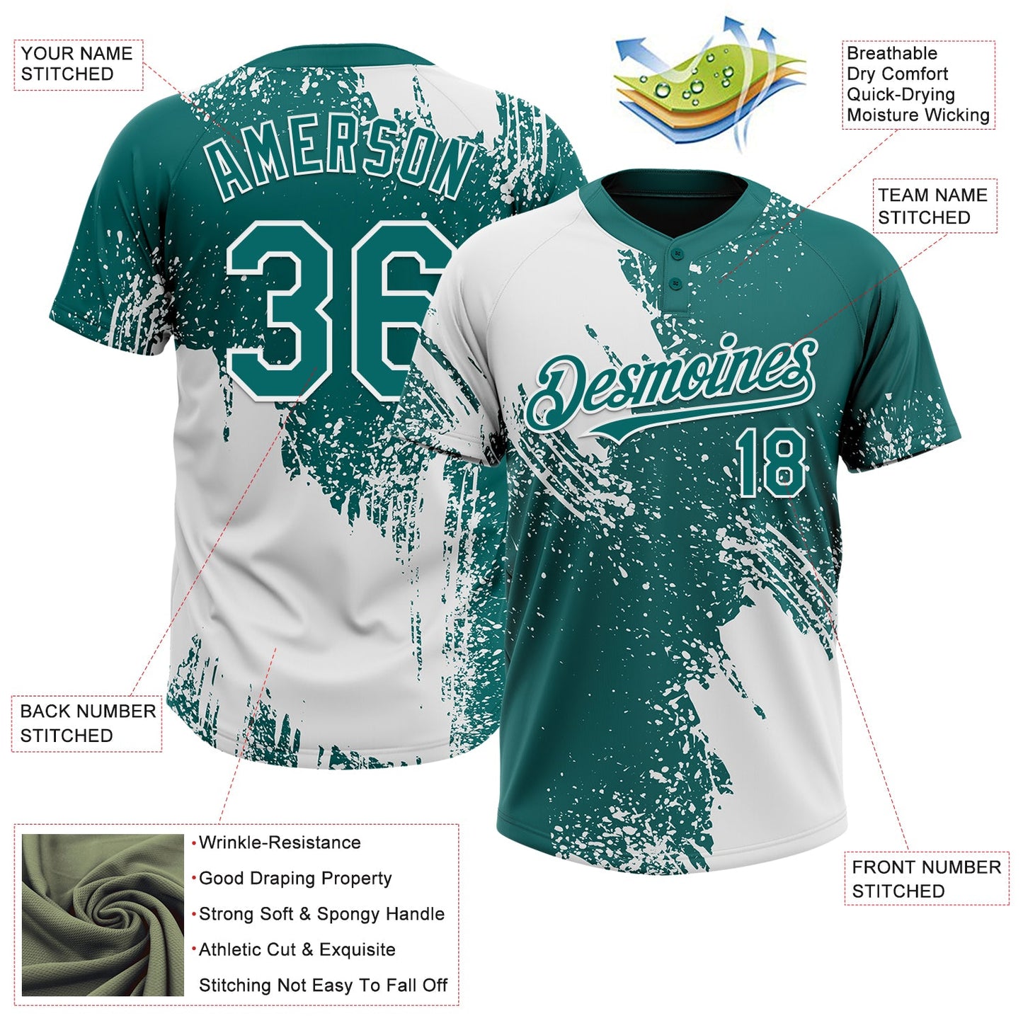 Custom White Teal 3D Pattern Abstract Brush Stroke Two-Button Unisex Softball Jersey view 3