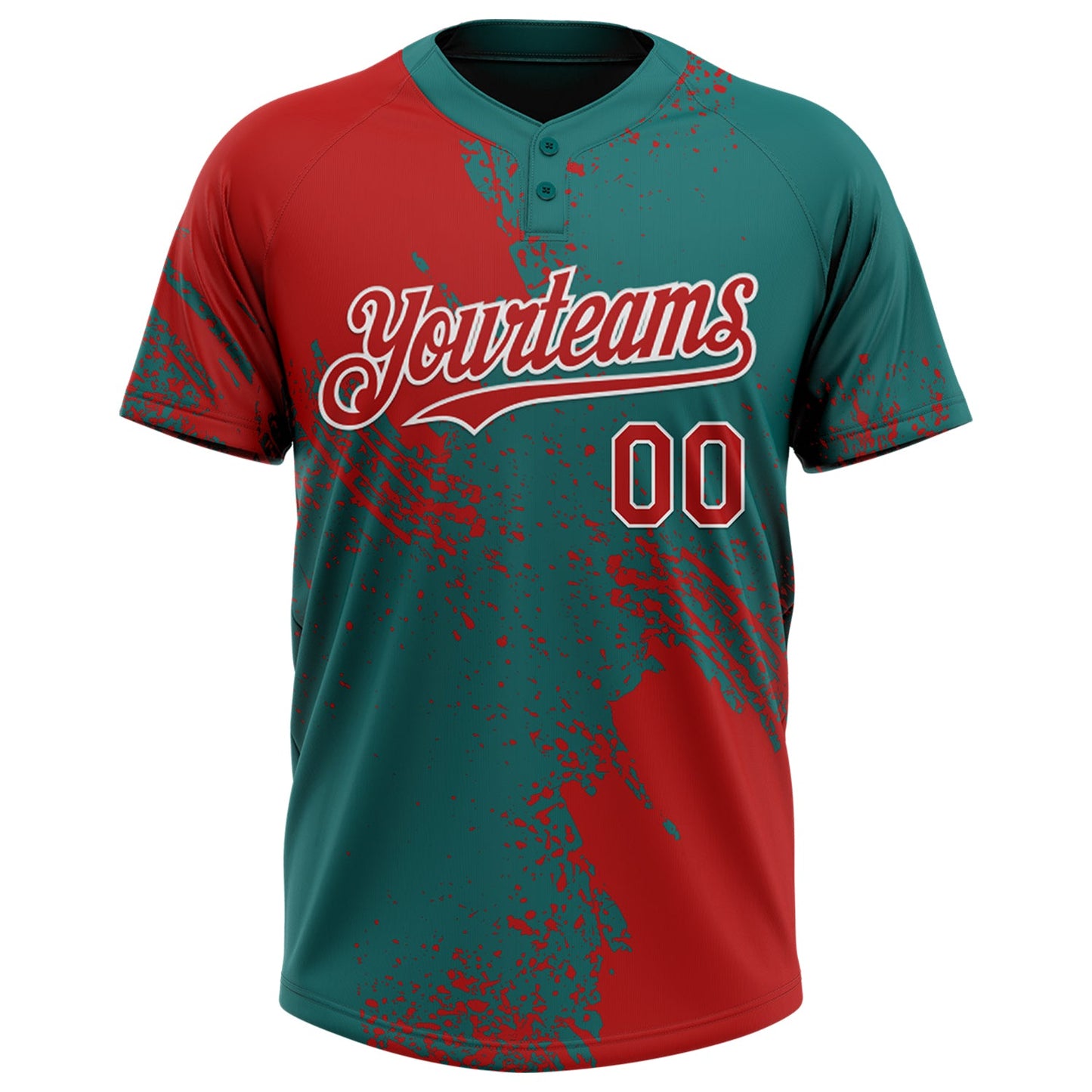 Custom Red Teal-White 3D Pattern Abstract Brush Stroke Two-Button Unisex Softball Jersey view 2