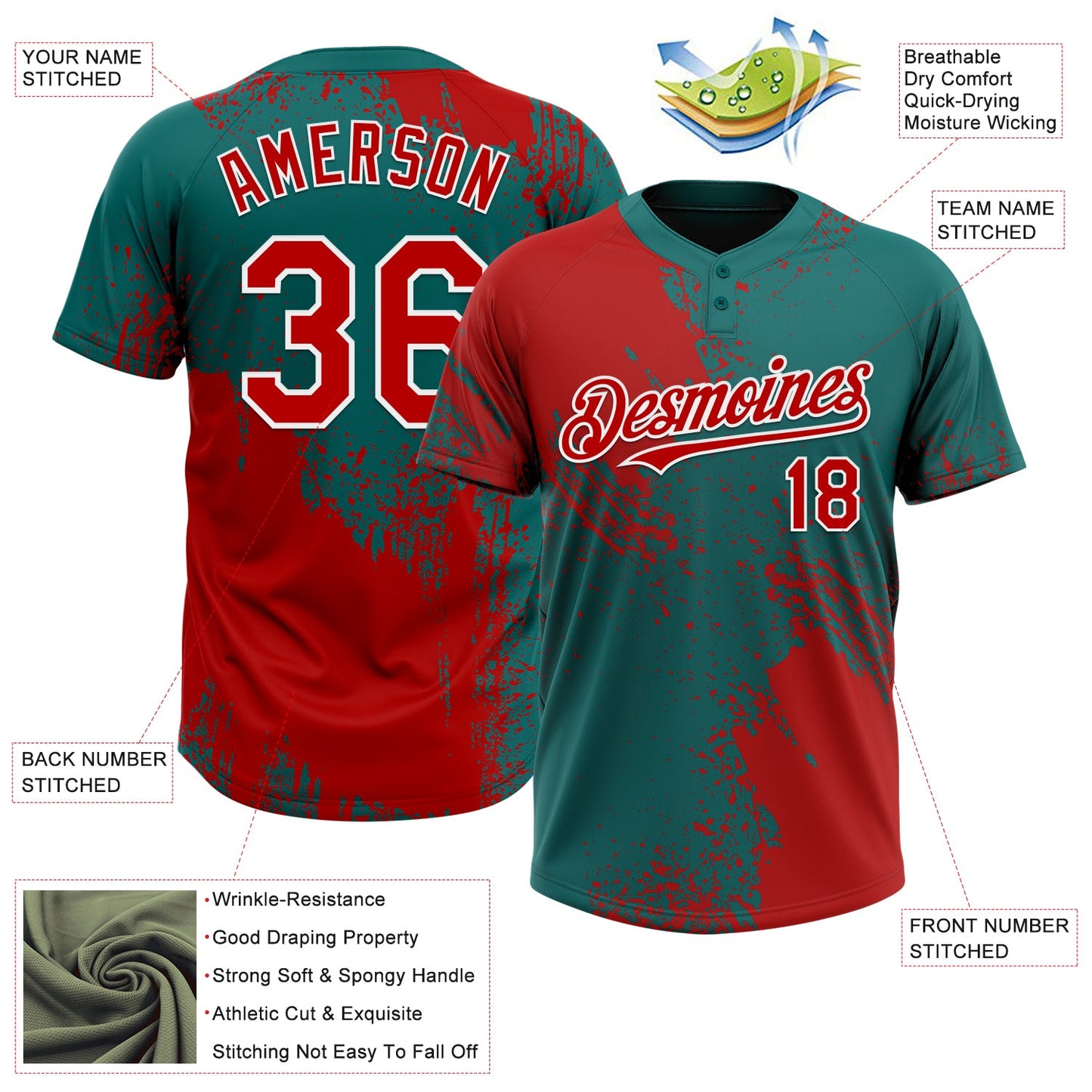 Custom Red Teal-White 3D Pattern Abstract Brush Stroke Two-Button Unisex Softball Jersey view 3