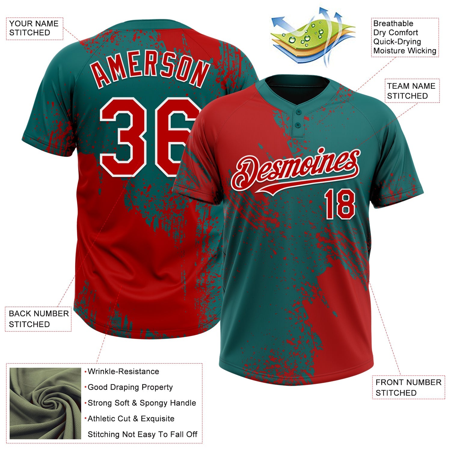 Custom Red Teal-White 3D Pattern Abstract Brush Stroke Two-Button Unisex Softball Jersey view 3