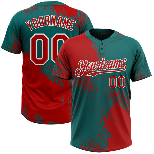 Custom Red Teal-White 3D Pattern Abstract Brush Stroke Two-Button Unisex Softball Jersey - Main View