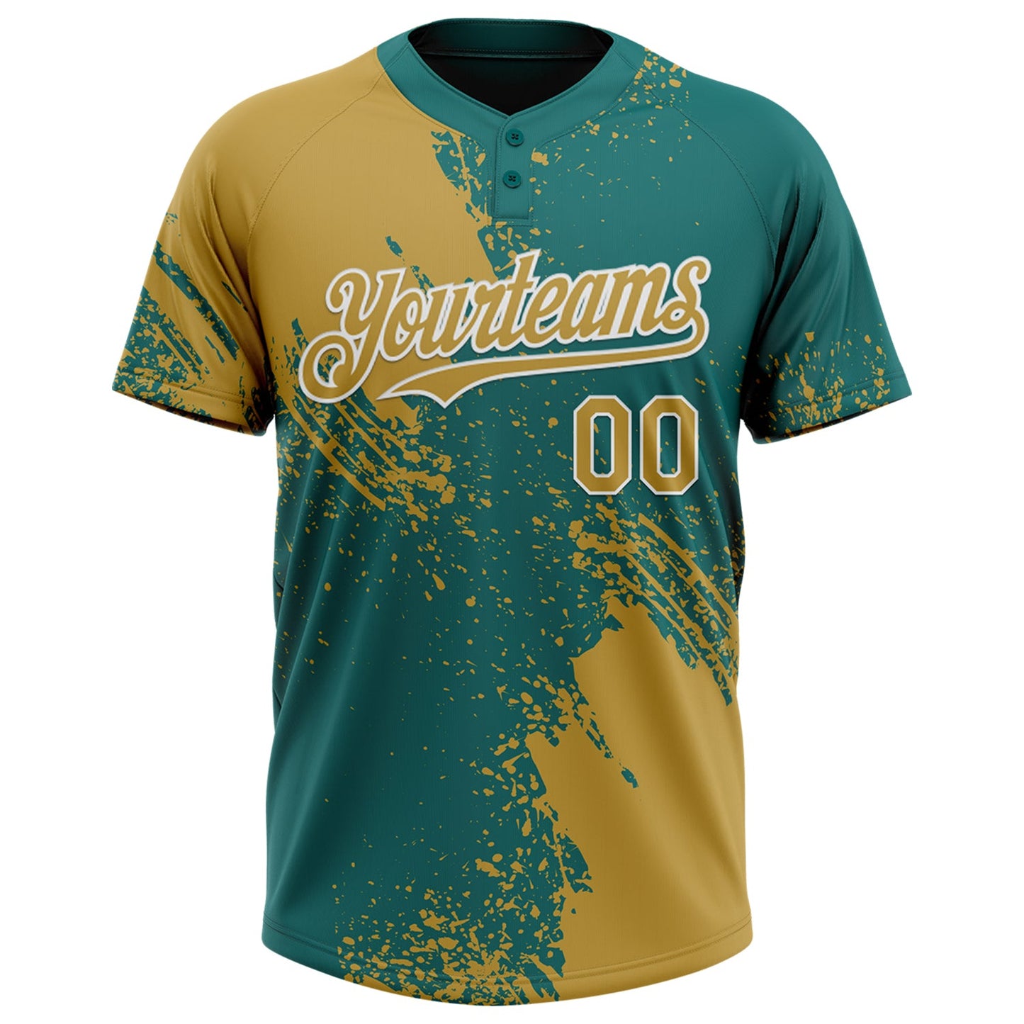 Custom Old Gold Teal-White 3D Pattern Abstract Brush Stroke Two-Button Unisex Softball Jersey view 2