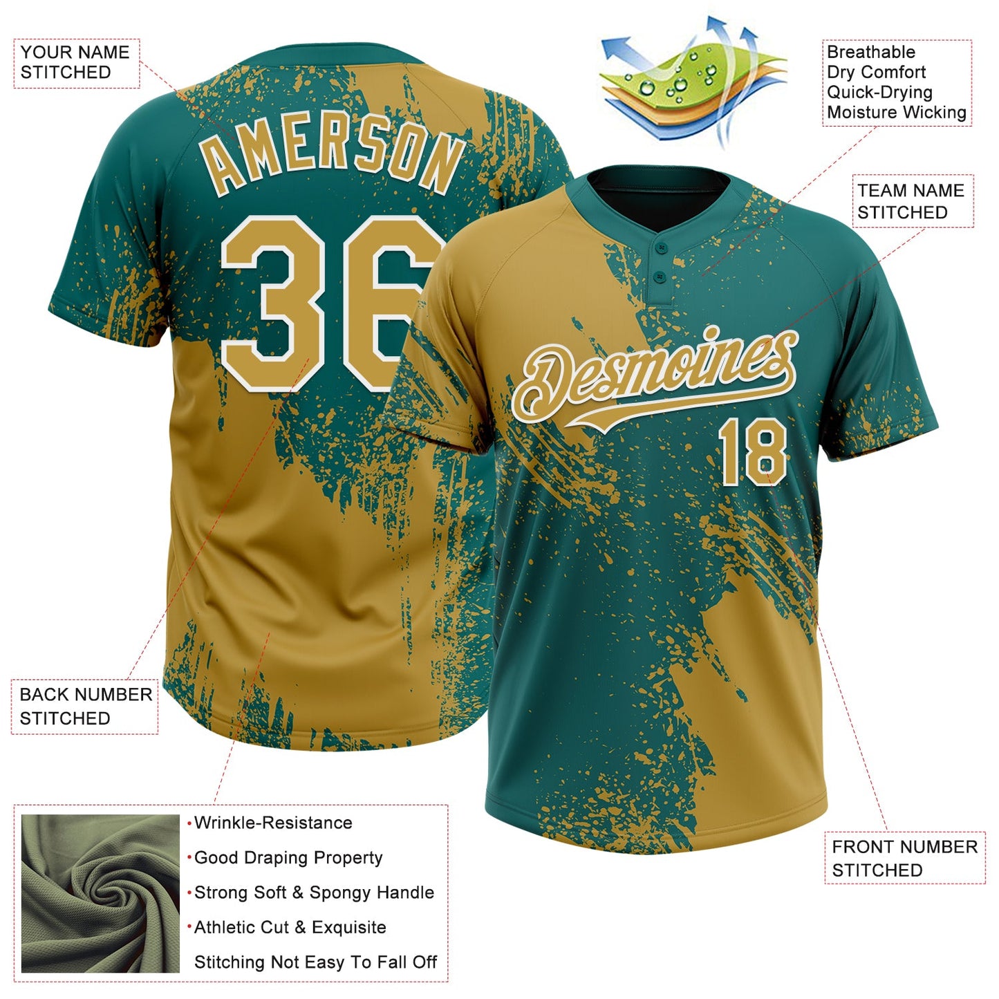 Custom Old Gold Teal-White 3D Pattern Abstract Brush Stroke Two-Button Unisex Softball Jersey view 3