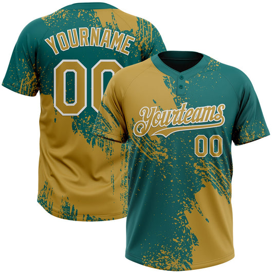 Custom Old Gold Teal-White 3D Pattern Abstract Brush Stroke Two-Button Unisex Softball Jersey - Main View
