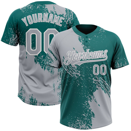 Custom Gray Teal-White 3D Pattern Abstract Brush Stroke Two-Button Unisex Softball Jersey - Main View