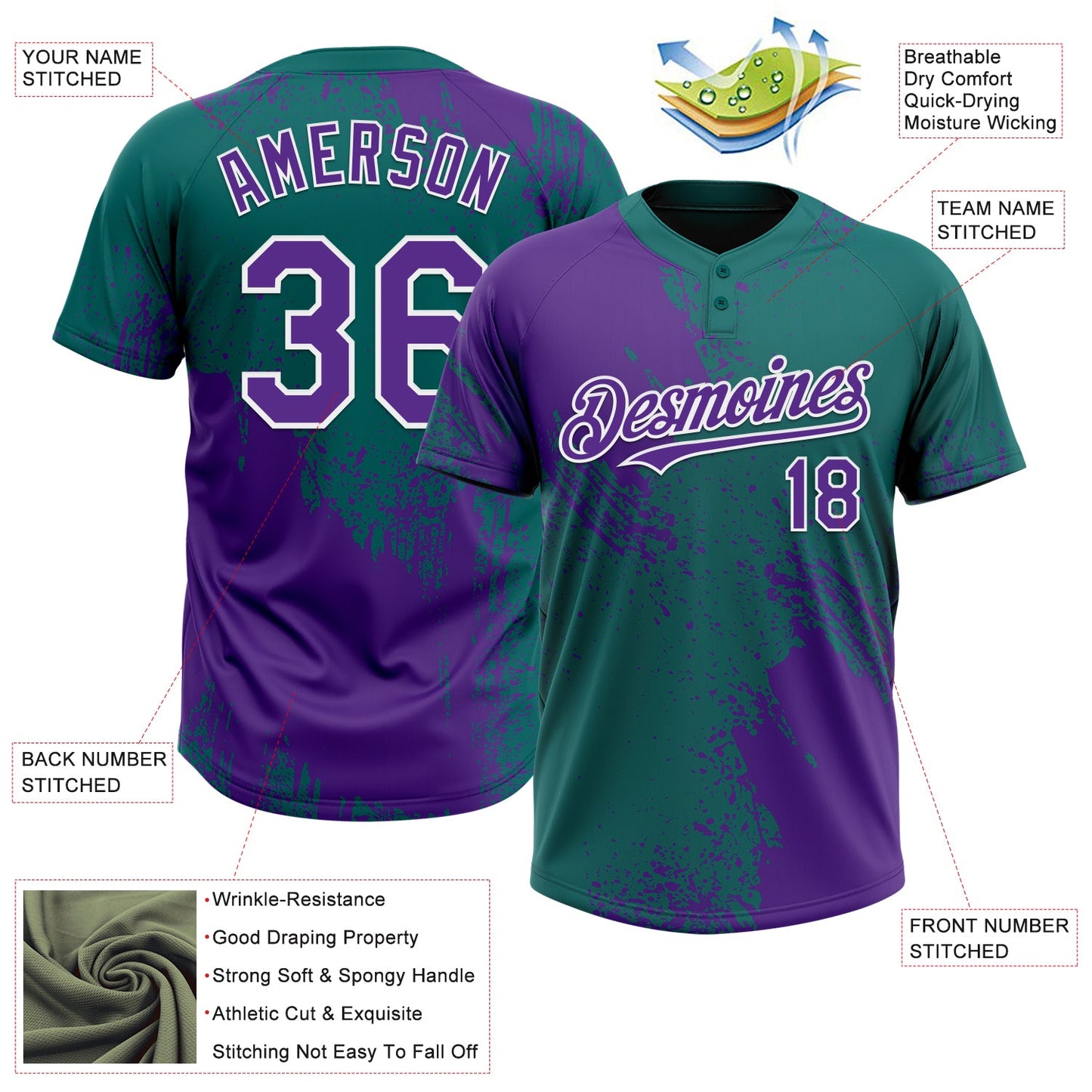 Custom Purple Teal-White 3D Pattern Abstract Brush Stroke Two-Button Unisex Softball Jersey view 3