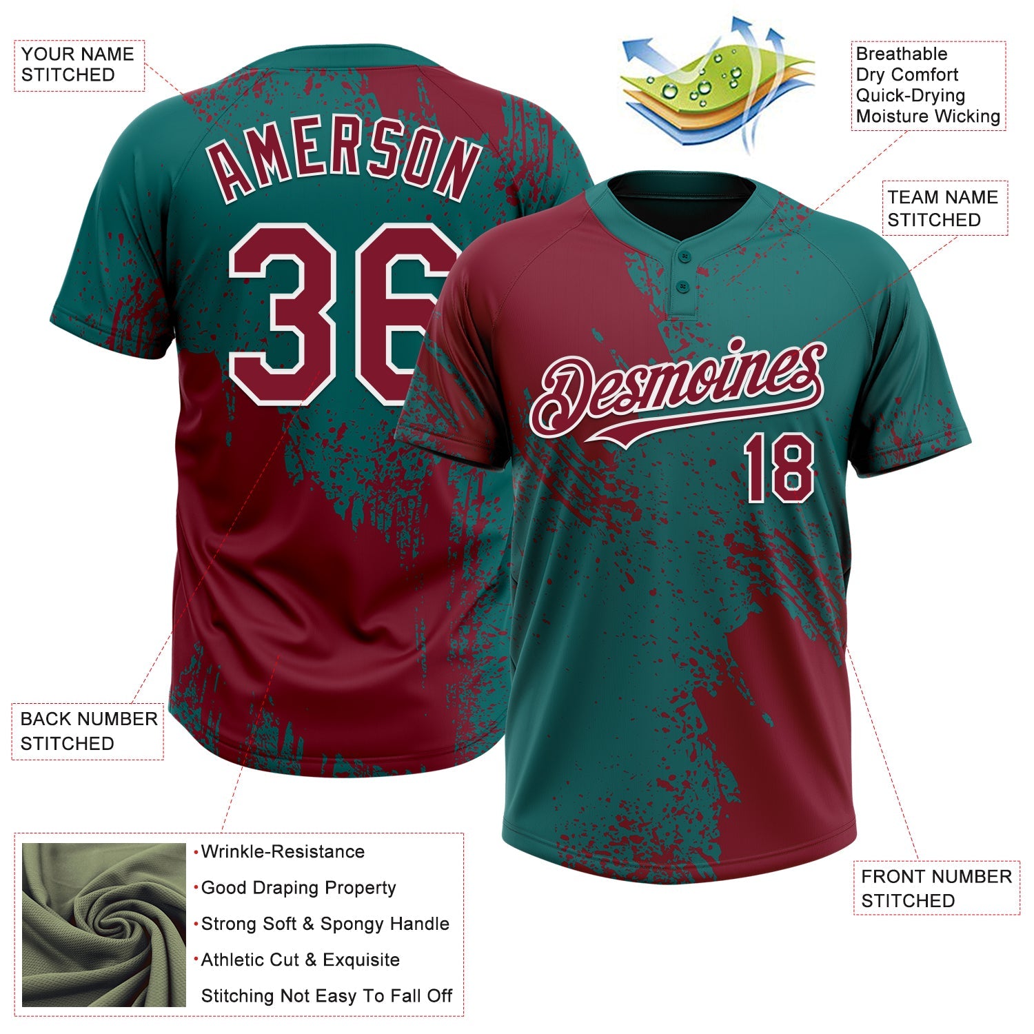 Custom Crimson Teal-White 3D Pattern Abstract Brush Stroke Two-Button Unisex Softball Jersey view 3