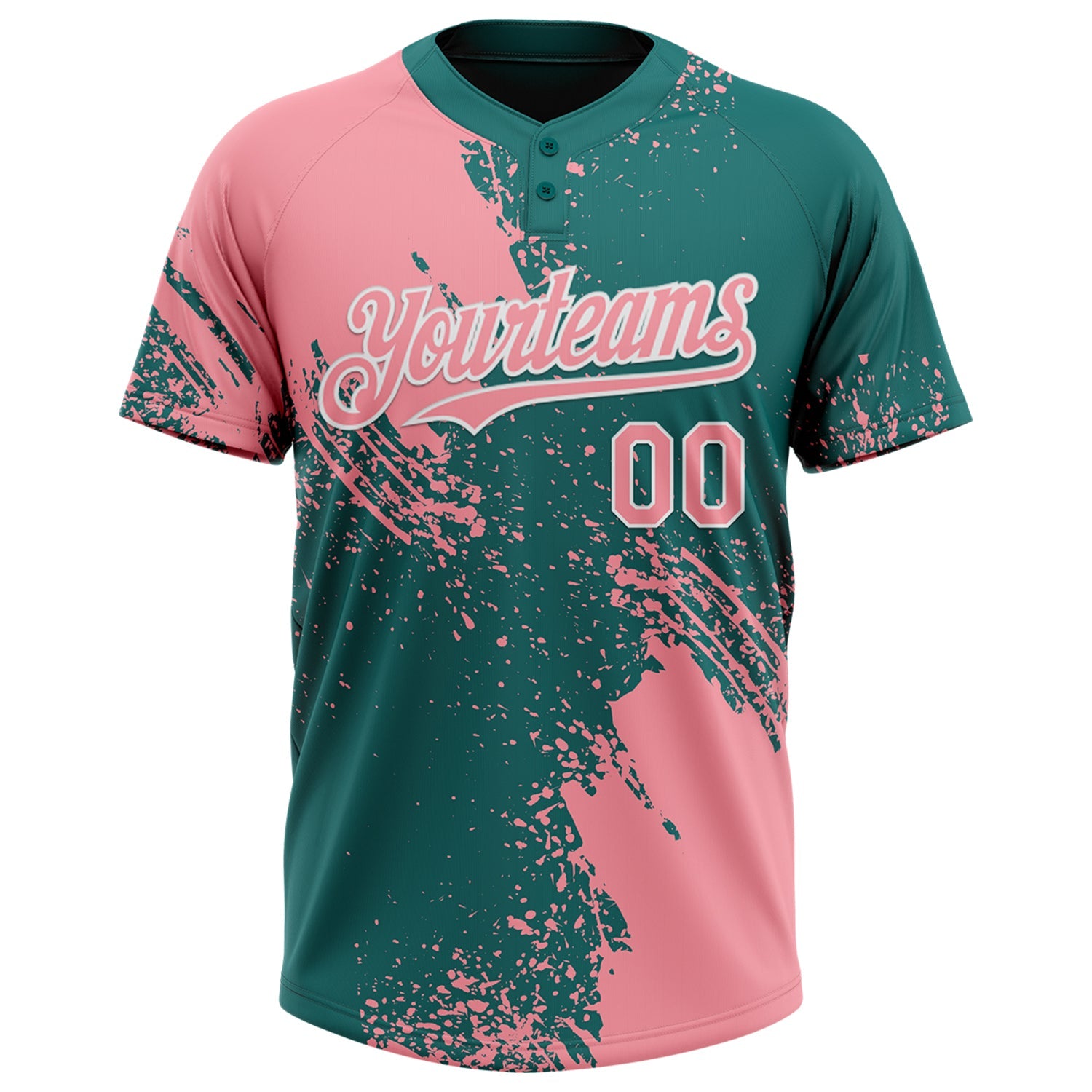 Custom Medium Pink Teal-White 3D Pattern Abstract Brush Stroke Two-Button Unisex Softball Jersey view 2