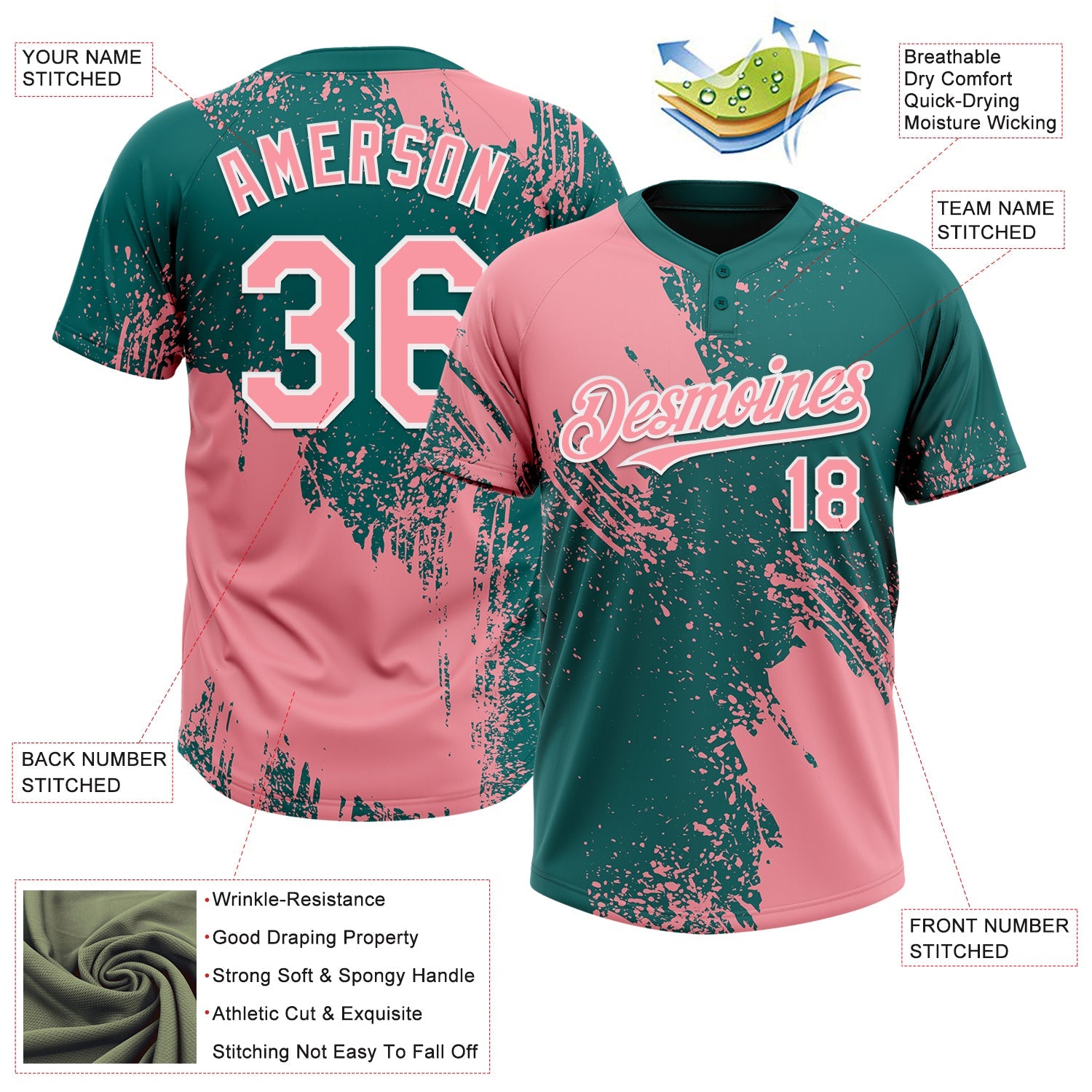 Custom Medium Pink Teal-White 3D Pattern Abstract Brush Stroke Two-Button Unisex Softball Jersey view 3