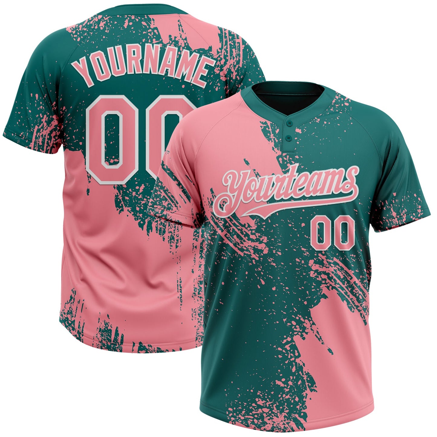 Custom Medium Pink Teal-White 3D Pattern Abstract Brush Stroke Two-Button Unisex Softball Jersey - Main View