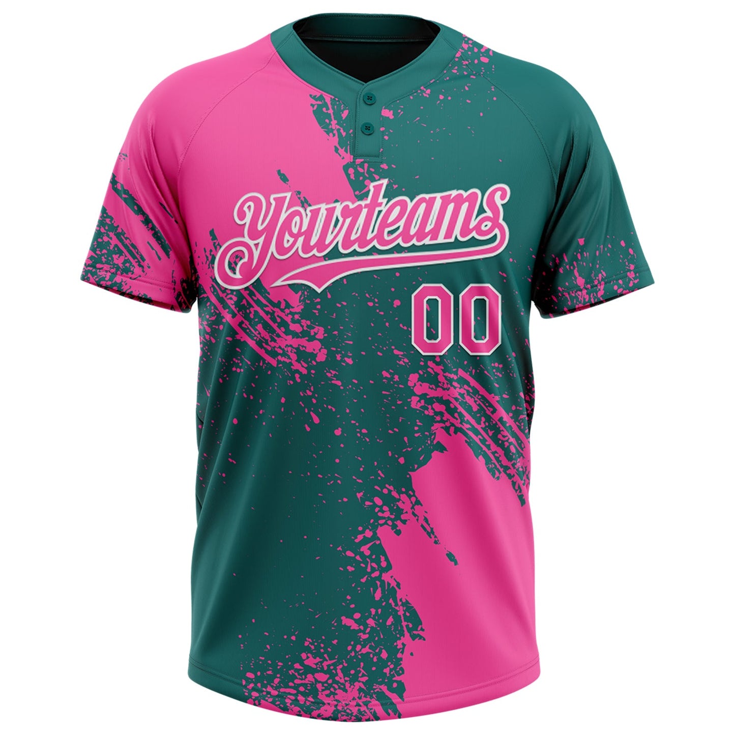 Custom Pink Teal-White 3D Pattern Abstract Brush Stroke Two-Button Unisex Softball Jersey view 2