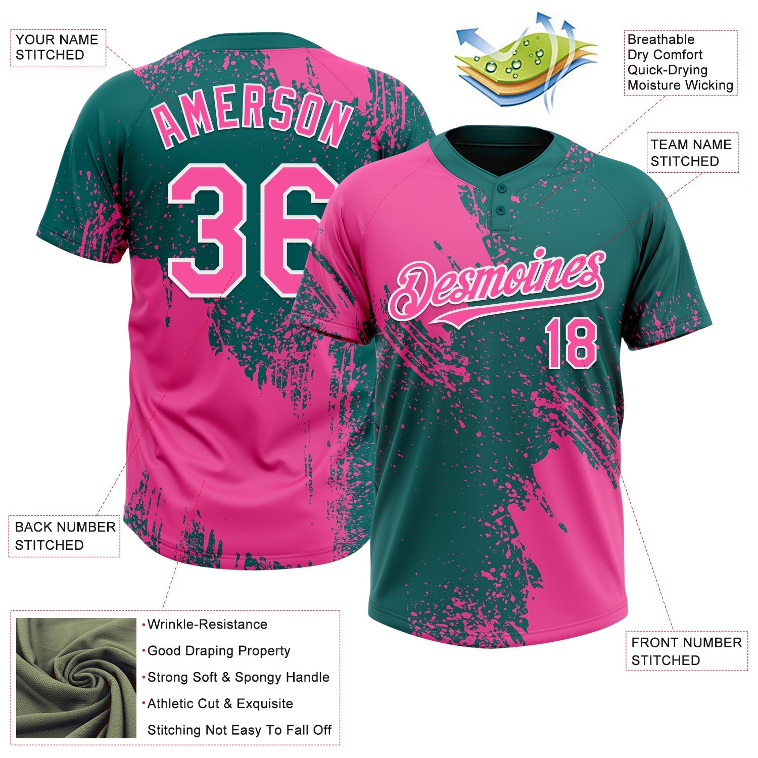 Custom Pink Teal-White 3D Pattern Abstract Brush Stroke Two-Button Unisex Softball Jersey view 3