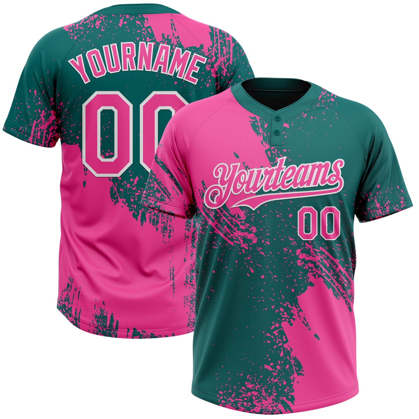 Custom Pink Teal-White 3D Pattern Abstract Brush Stroke Two-Button Unisex Softball Jersey - Main View