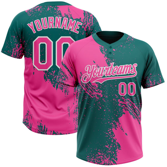 Custom Pink Teal-White 3D Pattern Abstract Brush Stroke Two-Button Unisex Softball Jersey - Main View