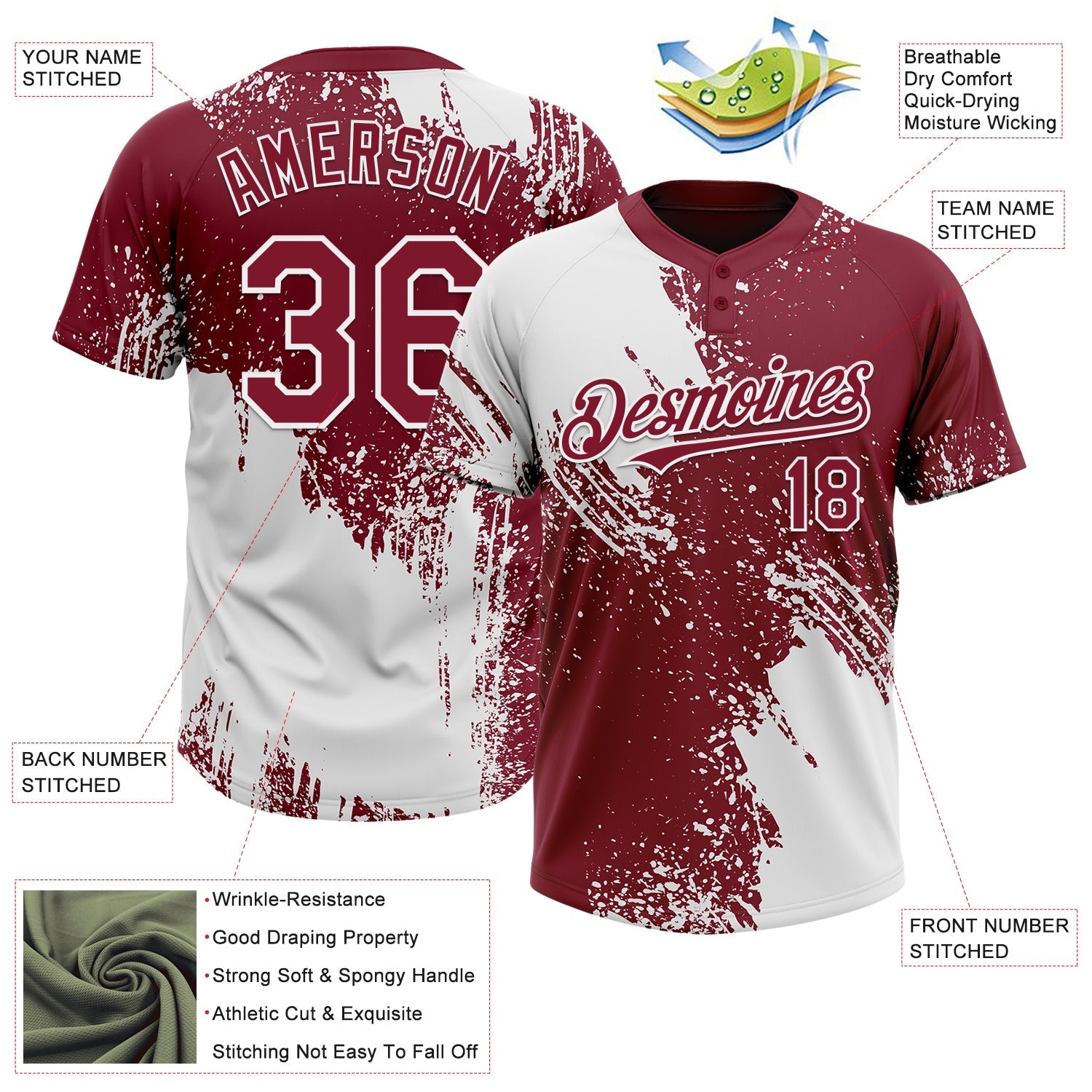 Custom White Crimson 3D Pattern Abstract Brush Stroke Two-Button Unisex Softball Jersey view 3