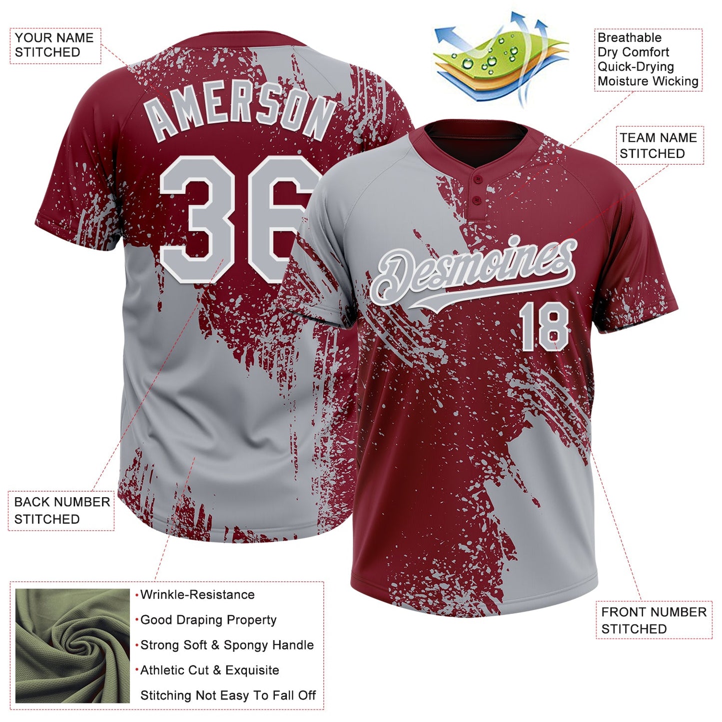 Custom Gray Crimson-White 3D Pattern Abstract Brush Stroke Two-Button Unisex Softball Jersey view 3