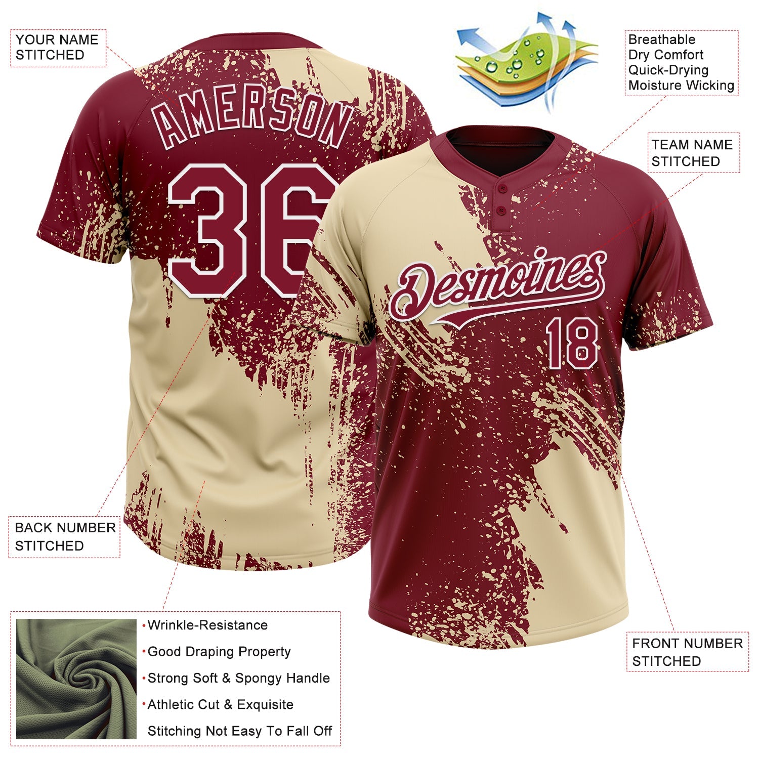 Custom Cream Crimson-White 3D Pattern Abstract Brush Stroke Two-Button Unisex Softball Jersey view 3
