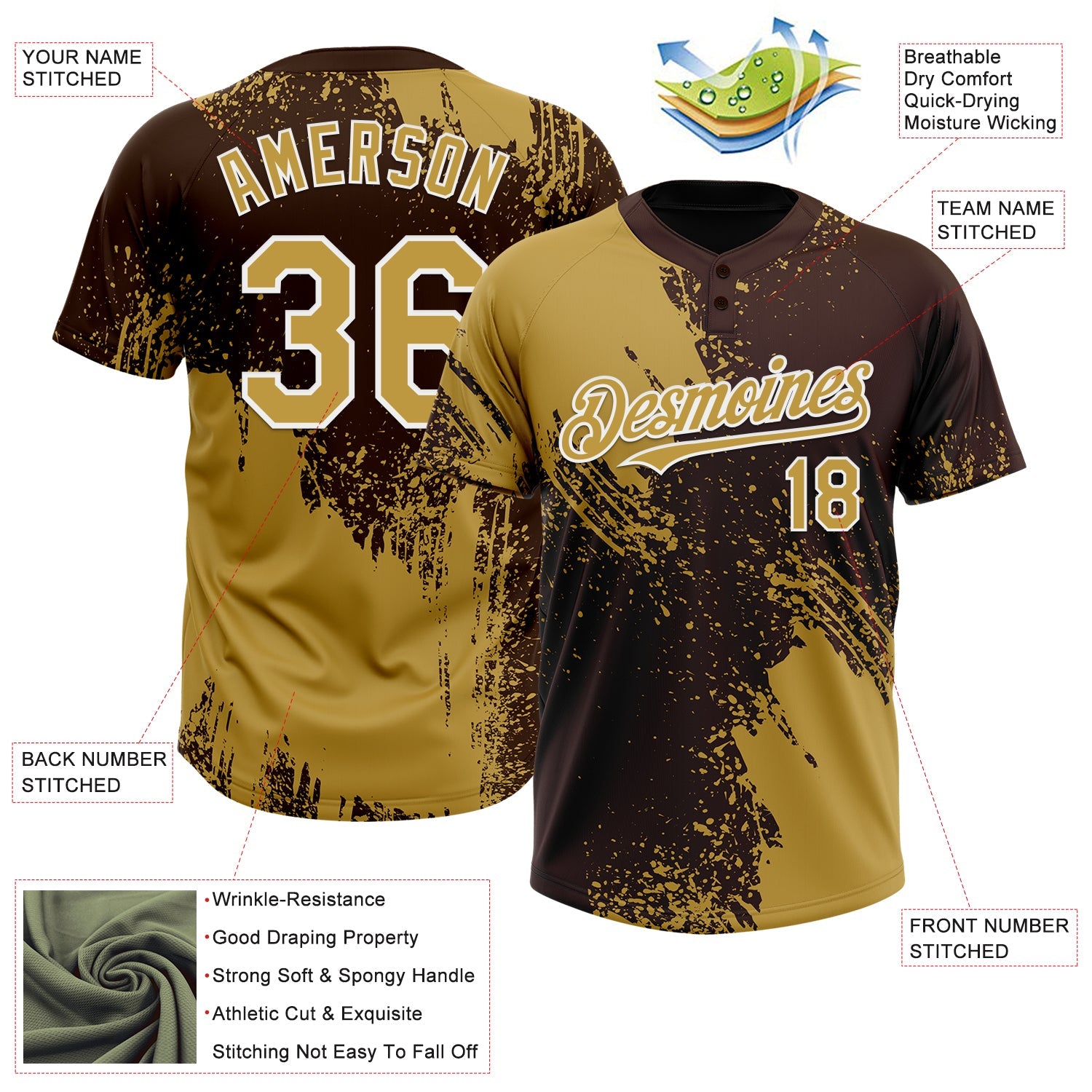 Custom Old Gold Brown-White 3D Pattern Abstract Brush Stroke Two-Button Unisex Softball Jersey view 3