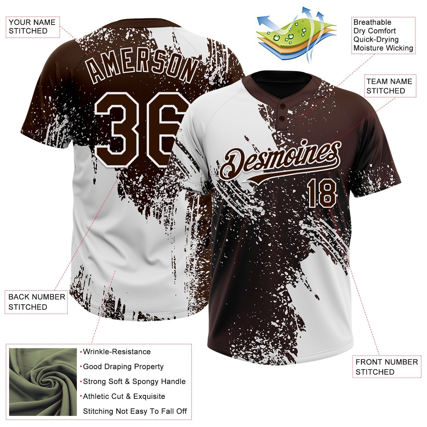 Custom White Brown 3D Pattern Abstract Brush Stroke Two-Button Unisex Softball Jersey view 3