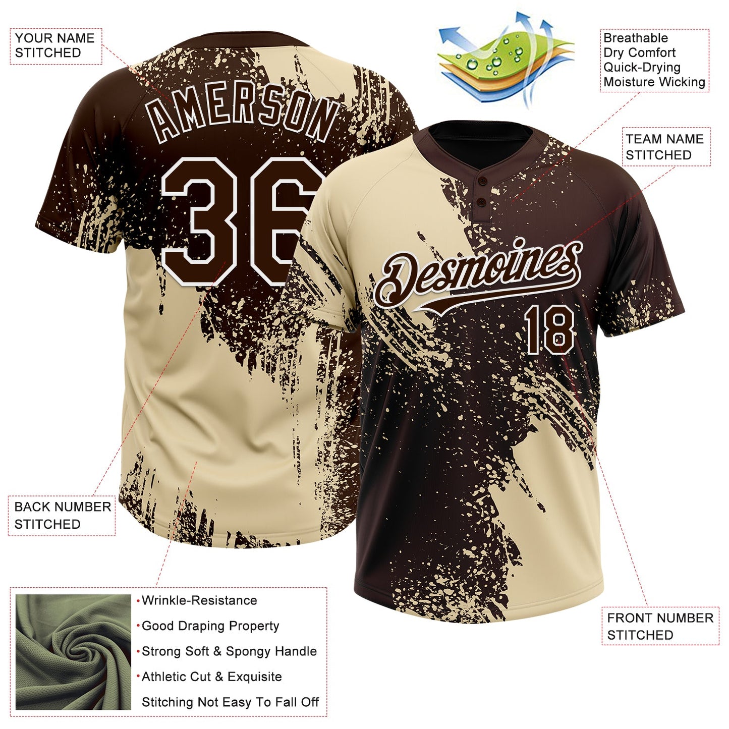 Custom Cream Brown-White 3D Pattern Abstract Brush Stroke Two-Button Unisex Softball Jersey view 3