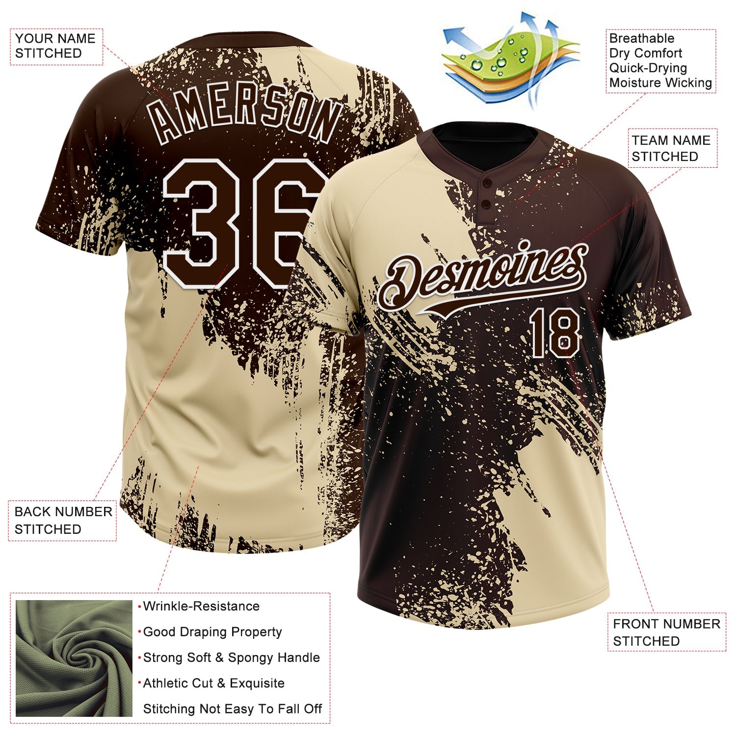 Custom Cream Brown-White 3D Pattern Abstract Brush Stroke Two-Button Unisex Softball Jersey view 3