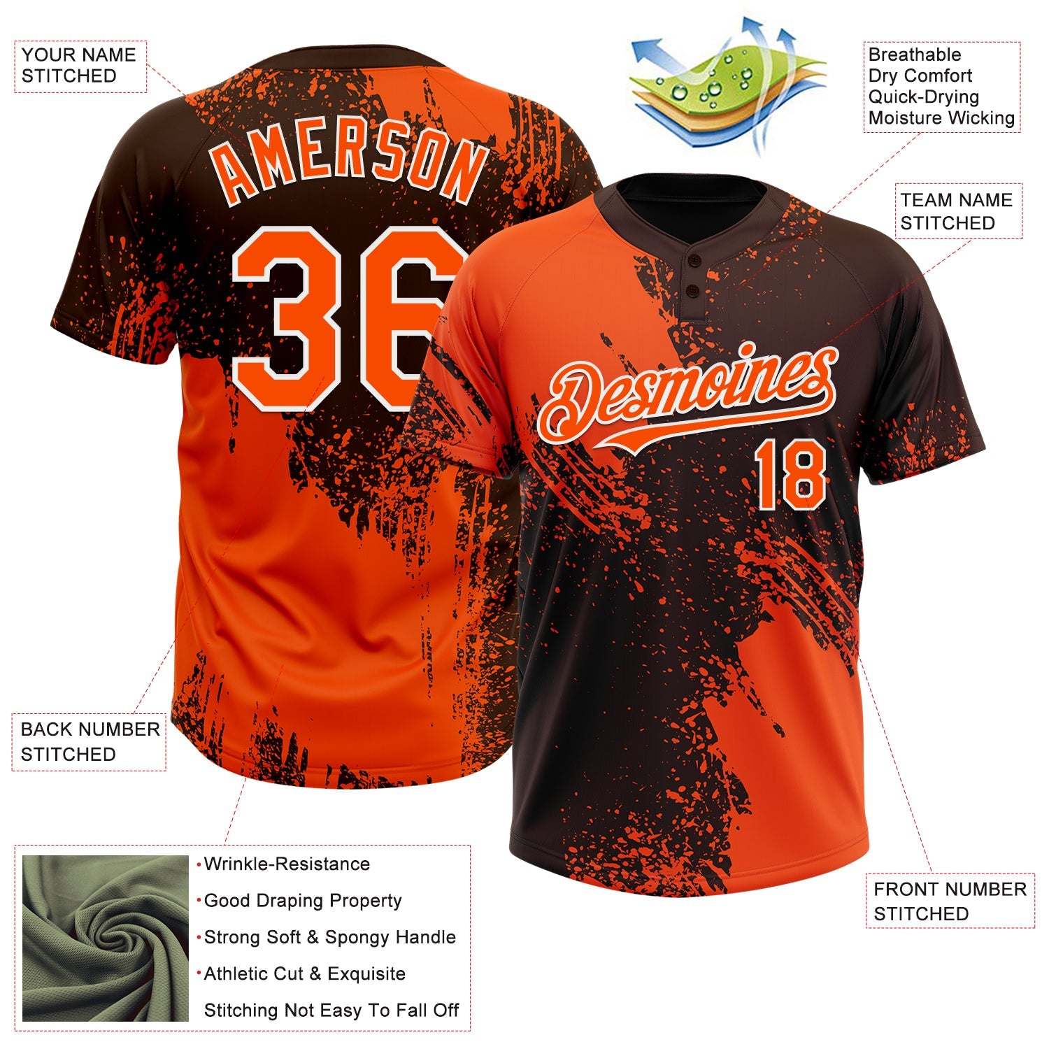 Custom Orange Brown-White 3D Pattern Abstract Brush Stroke Two-Button Unisex Softball Jersey view 3
