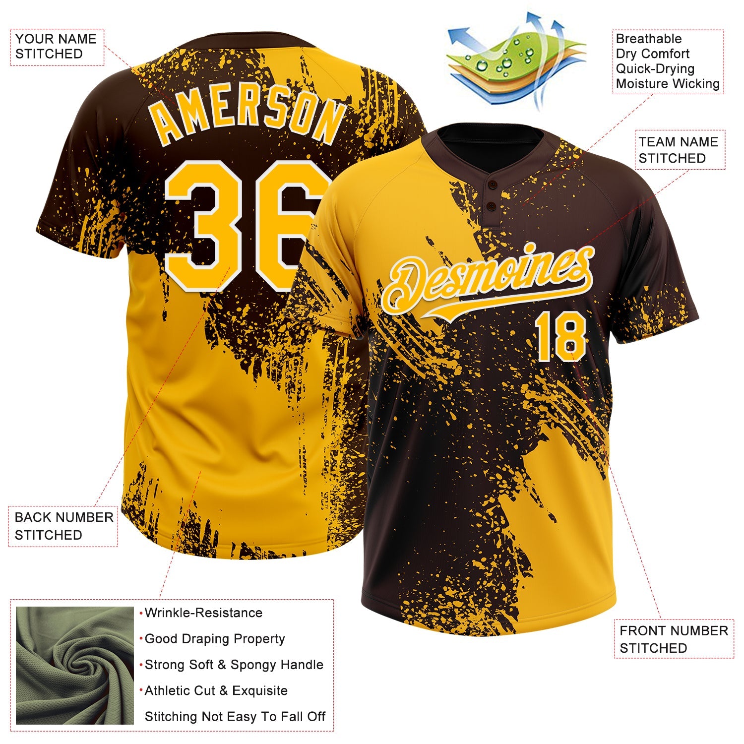 Custom Gold Brown-White 3D Pattern Abstract Brush Stroke Two-Button Unisex Softball Jersey view 3