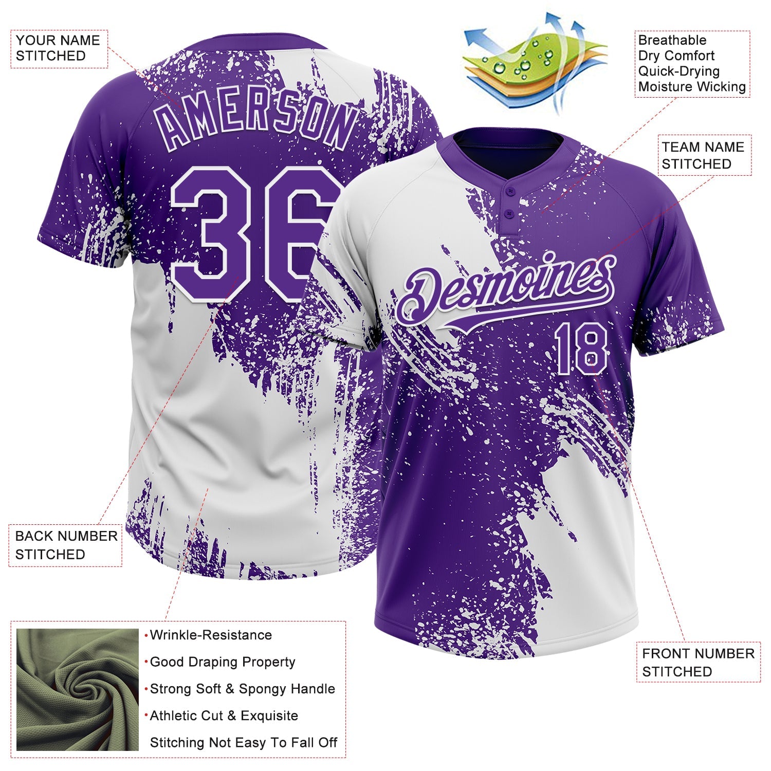 Custom White Purple 3D Pattern Abstract Brush Stroke Two-Button Unisex Softball Jersey view 3
