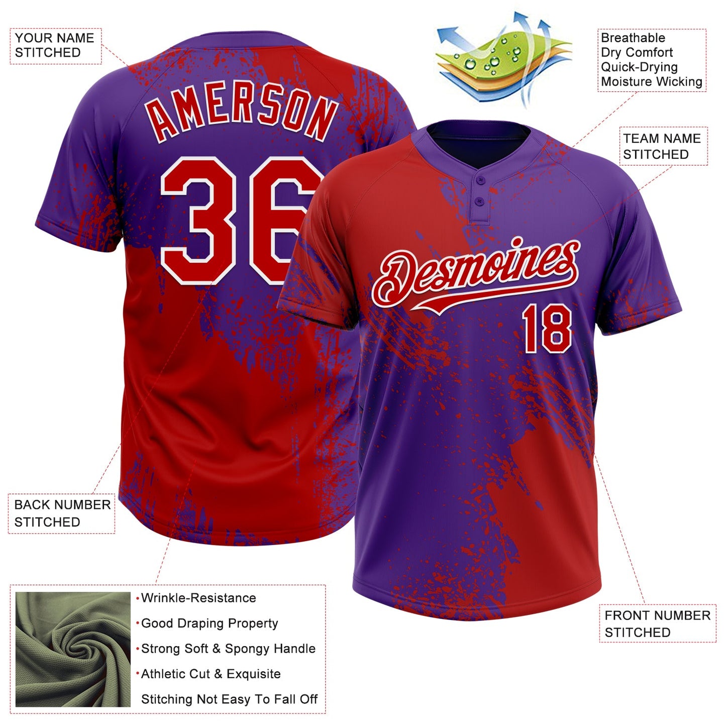 Custom Red Purple-White 3D Pattern Abstract Brush Stroke Two-Button Unisex Softball Jersey view 3