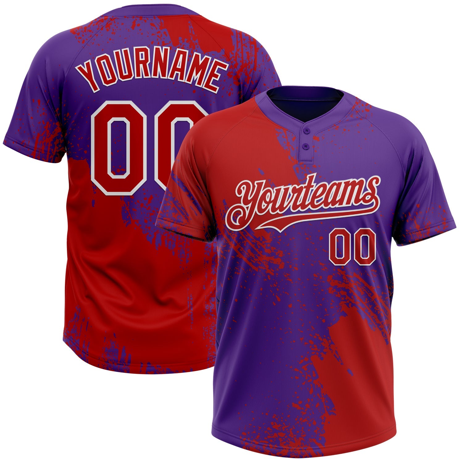 Custom Red Purple-White 3D Pattern Abstract Brush Stroke Two-Button Unisex Softball Jersey - Main View