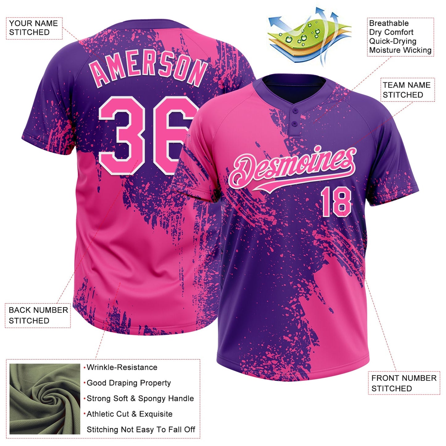 Custom Pink Purple-White 3D Pattern Abstract Brush Stroke Two-Button Unisex Softball Jersey view 3