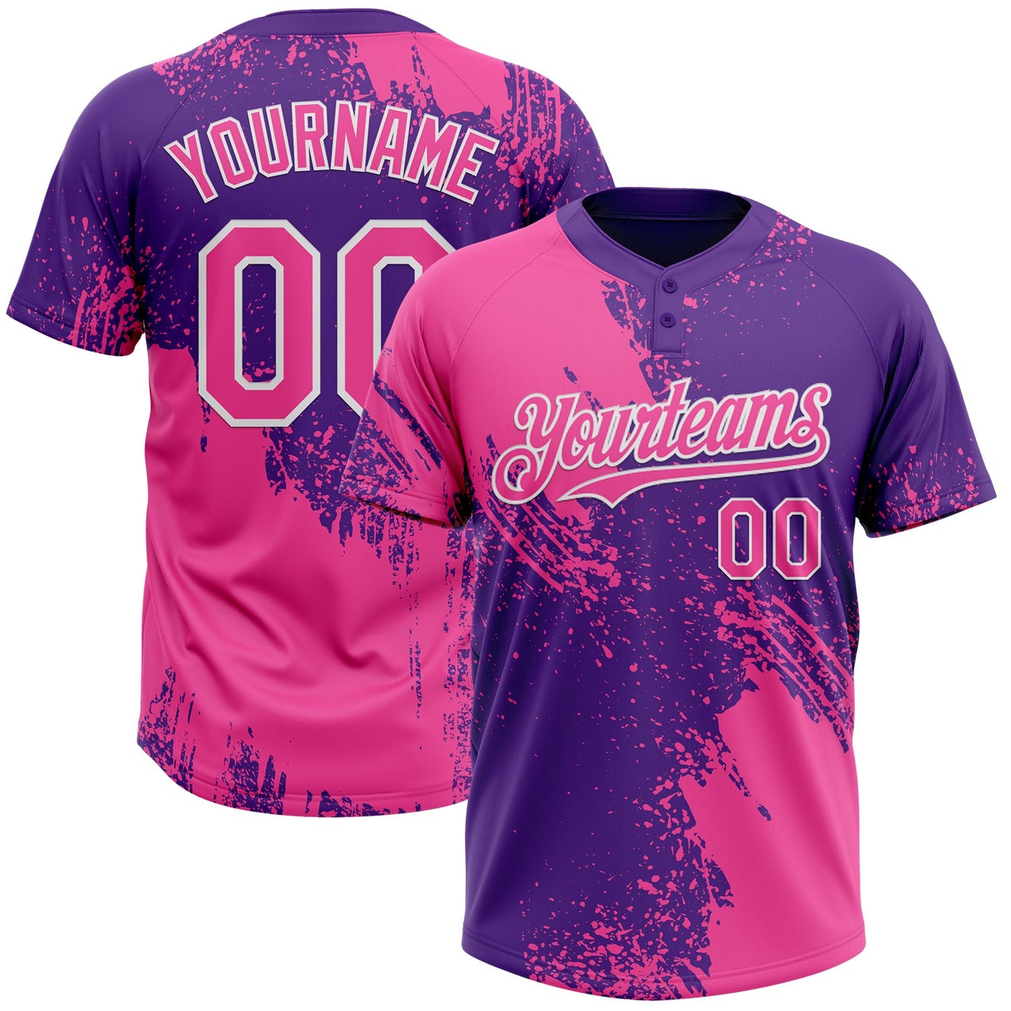 Custom Pink Purple-White 3D Pattern Abstract Brush Stroke Two-Button Unisex Softball Jersey - Main View