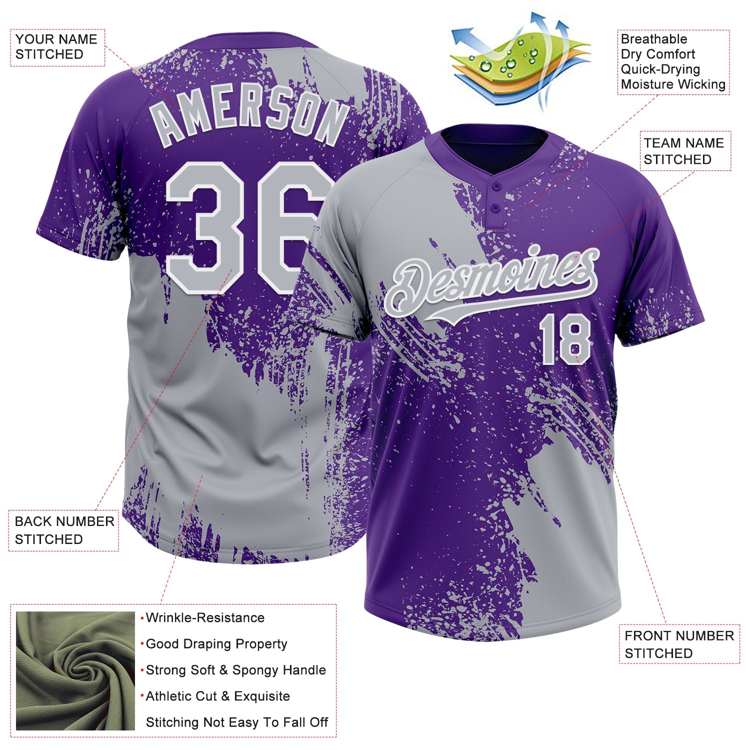 Custom Gray Purple-White 3D Pattern Abstract Brush Stroke Two-Button Unisex Softball Jersey view 3