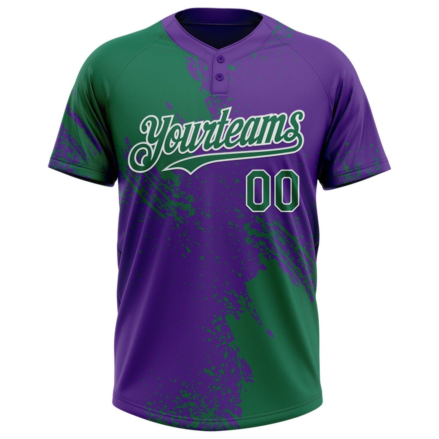 Custom Kelly Green Purple-White 3D Pattern Abstract Brush Stroke Two-Button Unisex Softball Jersey view 2