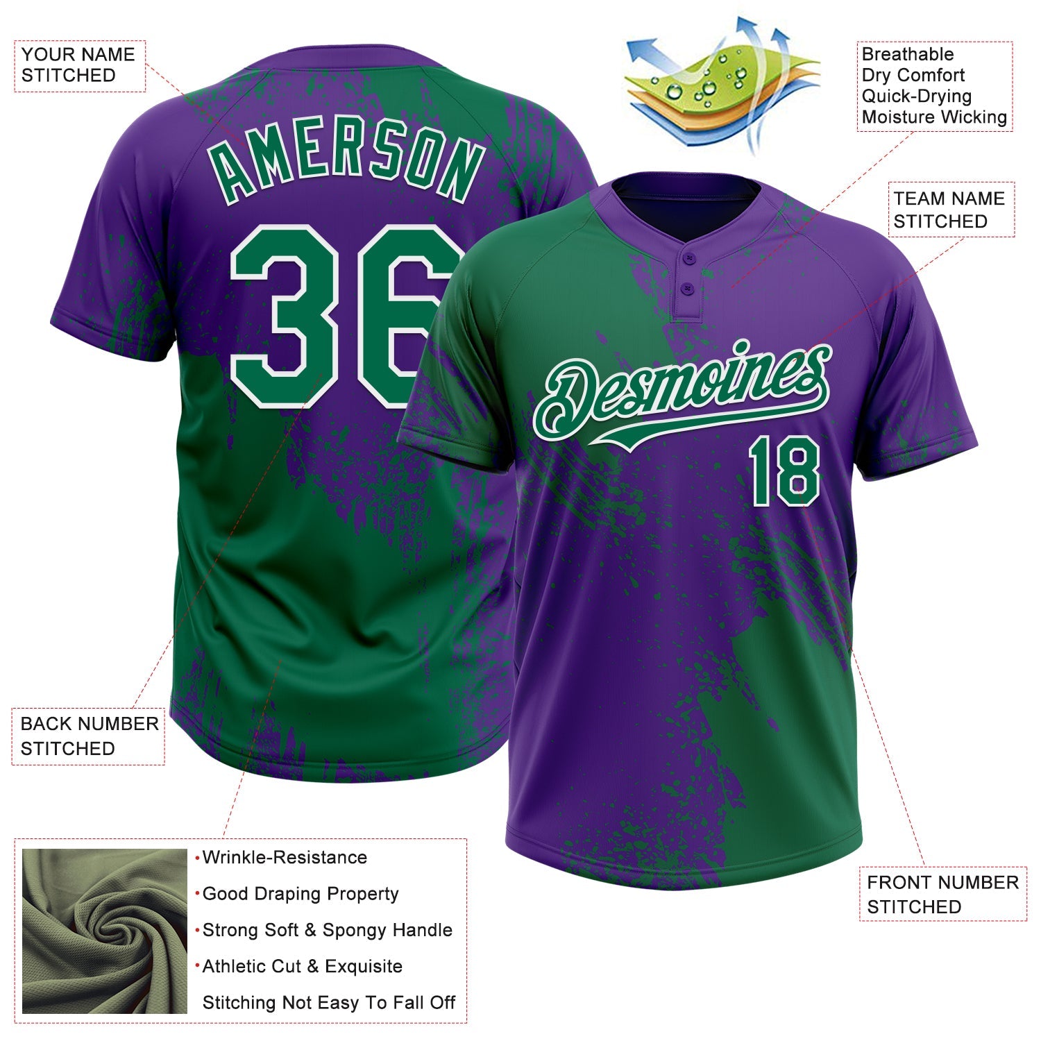Custom Kelly Green Purple-White 3D Pattern Abstract Brush Stroke Two-Button Unisex Softball Jersey view 3