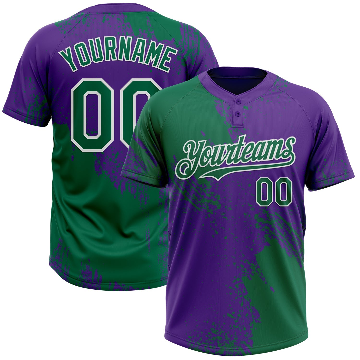 Custom Kelly Green Purple-White 3D Pattern Abstract Brush Stroke Two-Button Unisex Softball Jersey - Main View