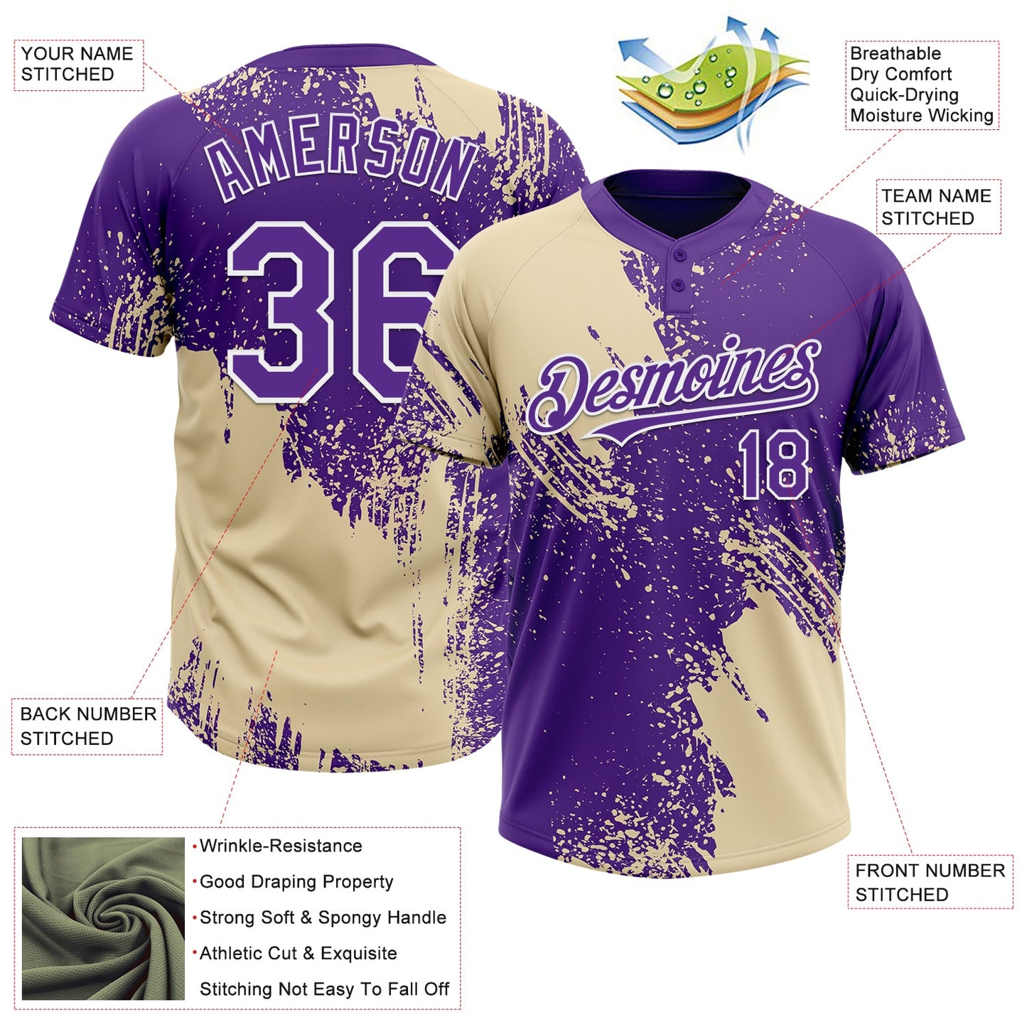 Custom Cream Purple-White 3D Pattern Abstract Brush Stroke Two-Button Unisex Softball Jersey view 3