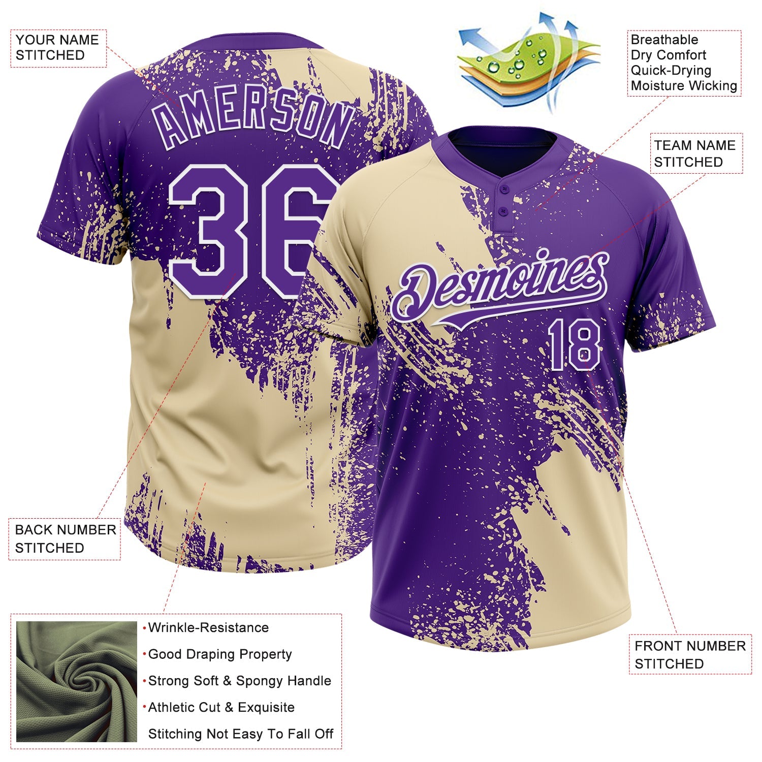 Custom Cream Purple-White 3D Pattern Abstract Brush Stroke Two-Button Unisex Softball Jersey view 3