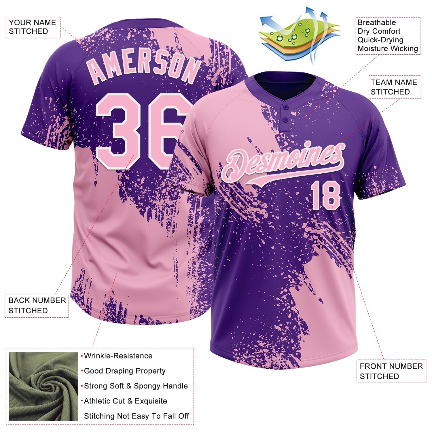 Custom Light Pink Purple-White 3D Pattern Abstract Brush Stroke Two-Button Unisex Softball Jersey view 3