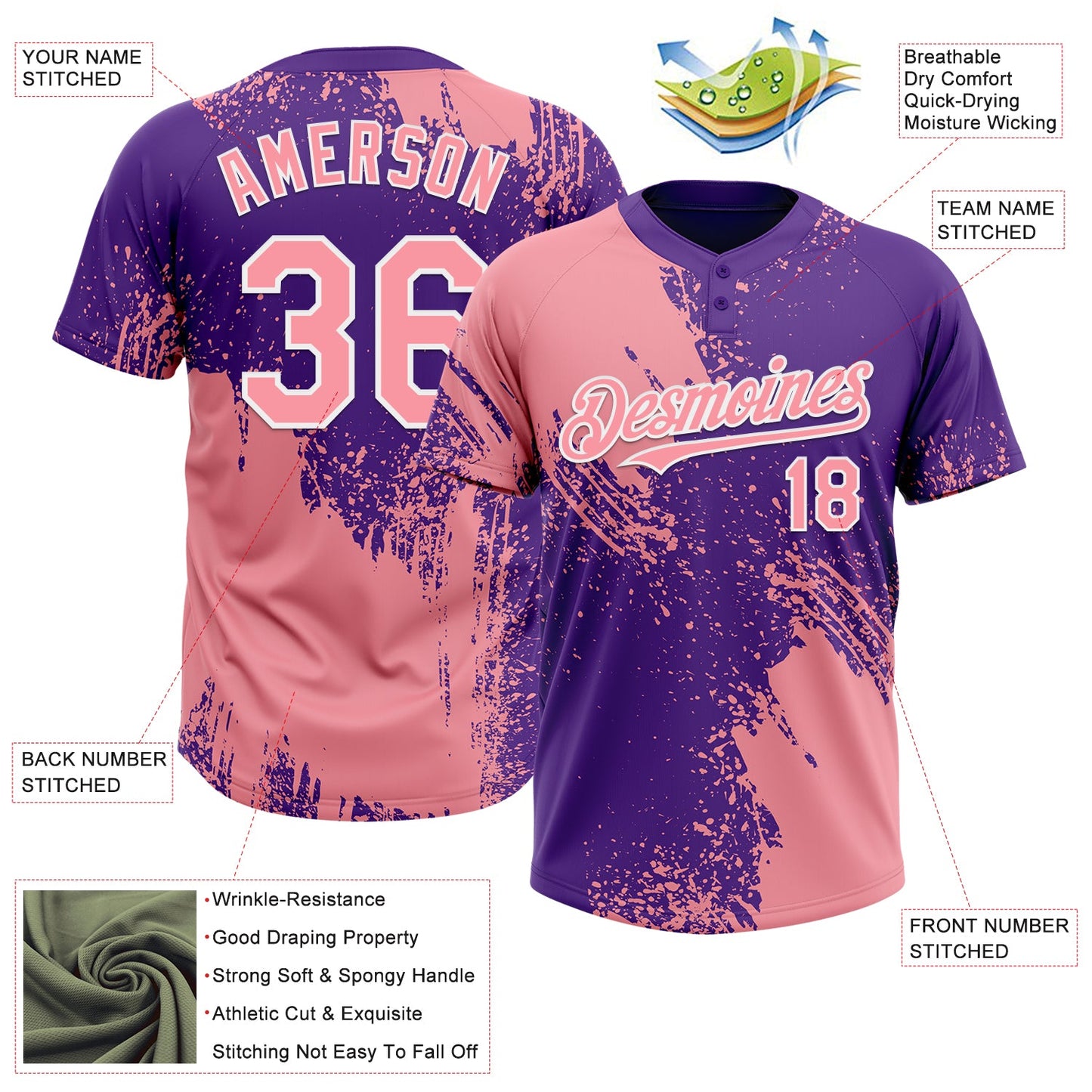 Custom Medium Pink Purple-White 3D Pattern Abstract Brush Stroke Two-Button Unisex Softball Jersey view 3